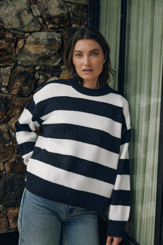KENZIE STRIPE KNIT CREW NAVY/WHITE