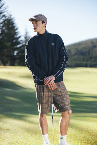 MENS PLAID PLEATED GOLF SHORT BROWN