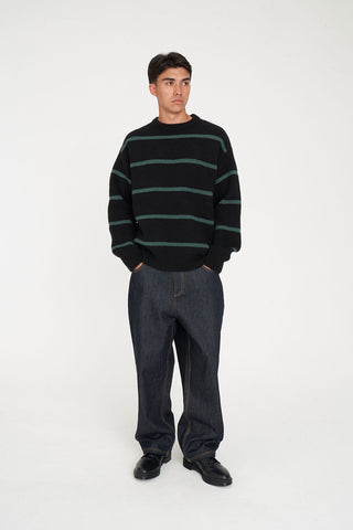 STACK STRIPE KNIT CREW BLACK/PINE