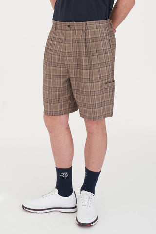 MENS PLAID PLEATED GOLF SHORT BROWN