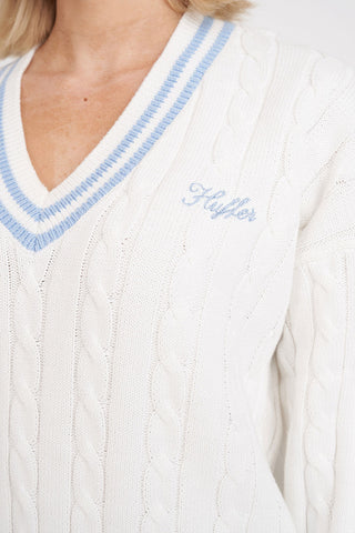 WOMENS V-NECK CABLE KNIT SWEATER CHALK