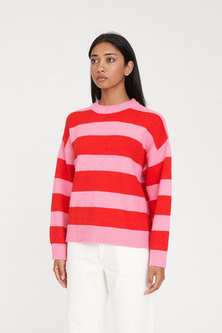 KENZIE STRIPE KNIT CREW PINK/RED