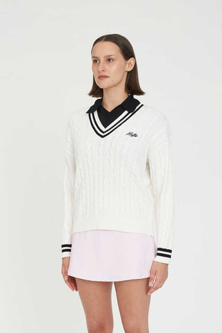 WOMENS V-NECK CABLE KNIT SWEATER CHALK/BLACK