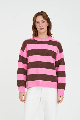 KENZIE STRIPE KNIT CREW PETAL/CHESTNUT