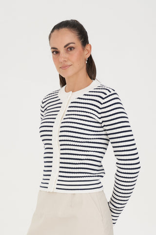 CLASSIC STRIPE KNIT CARDI CHALK/NAVY
